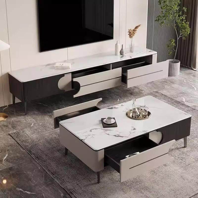 YDD电视柜现代简约储物茶几电视柜组合实木微晶石客厅家用轻奢白