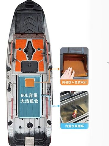 新款拼接卡亚克路亚艇钓鱼船皮划艇电动油推脚踩活鱼舱