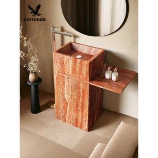 落地式中古风红洞石岩板大理石立柱盆小户型户外阳台立式洗手盆