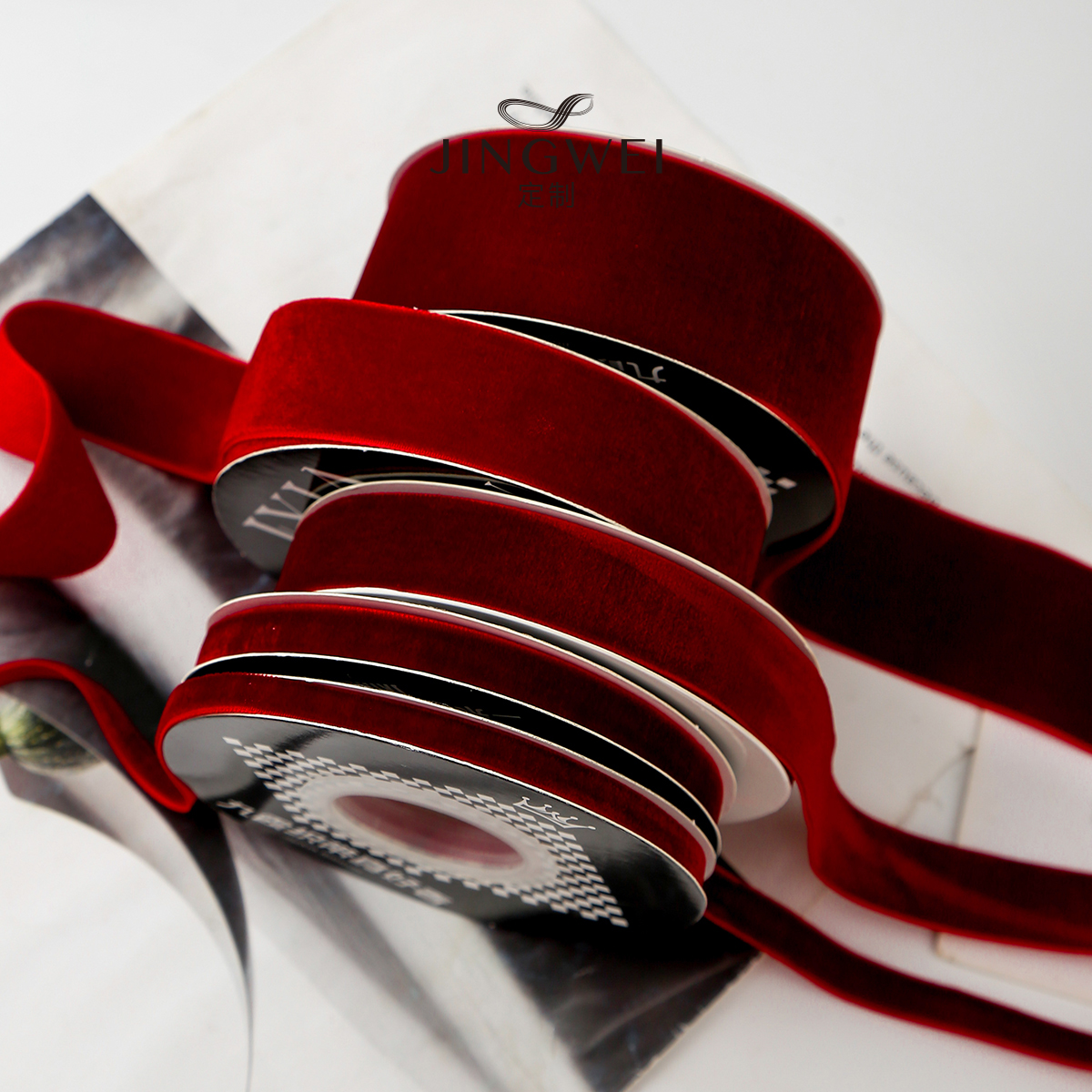 天鹅绒金丝绒酒红色包装植绒丝带