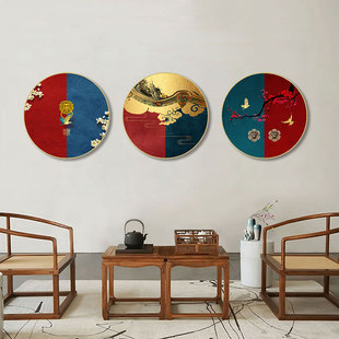 故宫红墙圆形装饰画龙凤呈祥金色玄关走廊过道挂画客厅书房壁画