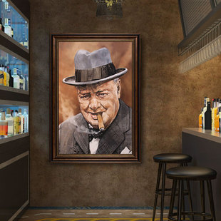 雪茄吧装饰画工业风美式名人画像丘吉尔抽烟酒吧挂画夜店会所壁画