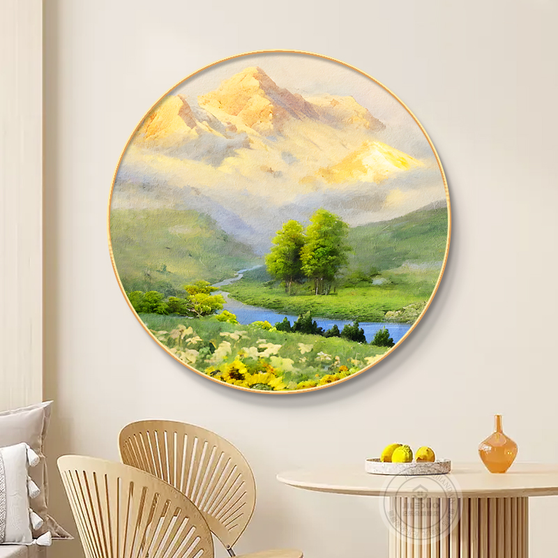 热销聚宝盆玄关装饰画日照金山圆形壁画北欧山水风景客厅走廊过道图片