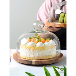 旋转木蛋糕盘相思木平板比萨甜品展示托盘玻璃盖盖品尝盘