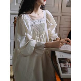 长袖睡裙女士春秋2024新款覆古棉布花边法式宫廷睡衣家居服可外穿