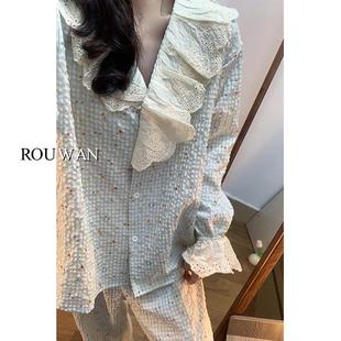 大码 春夏季 甜美碎花家居服长裤 套装 睡衣女款 韩系蕾丝长袖 2024新款