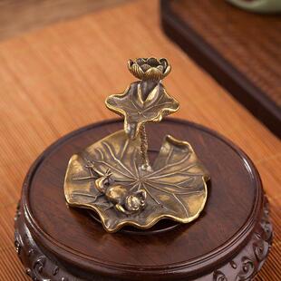 直销新款纯铜荷叶莲花倒流香摆件实心黄铜青蛙荷花池塘意境香架香