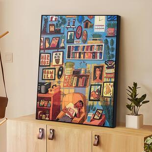 现代简约多巴胺小众艺术客厅砂岩装 北欧挂画书架6080 饰画玄关新款