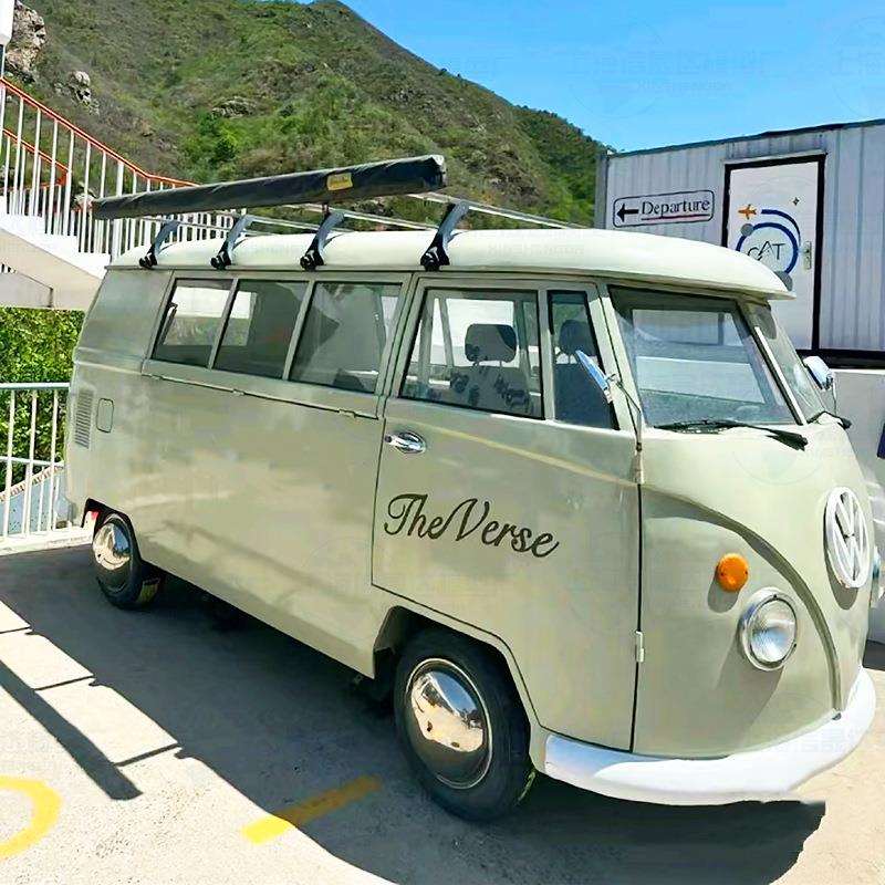 绿色大众餐车乡村营地移动复古售卖车展览拍摄打卡车模型摆件