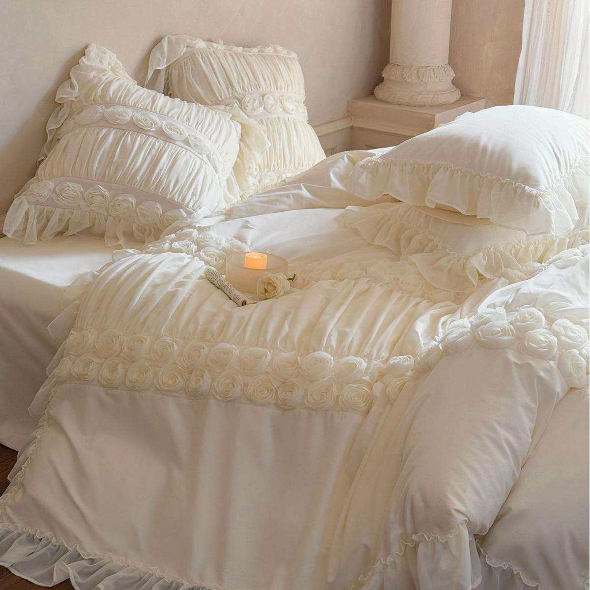 法式公主风立体玫瑰水洗棉四件套少女心蕾丝花边红色结婚被套床单,床上用品,床品套件/四件套/多件套,淘宝优惠券,粉丝福利购,淘宝优惠卷