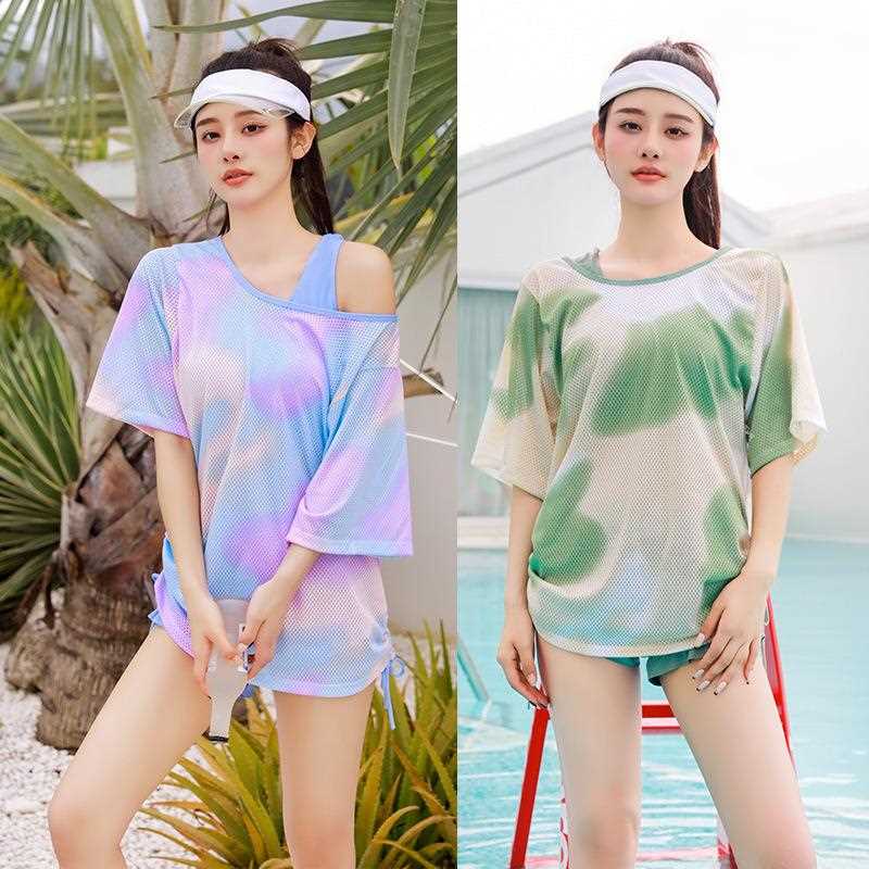 直销新款泳衣女士新款套装分体式三件套渐变色防晒休闲运动风温泉