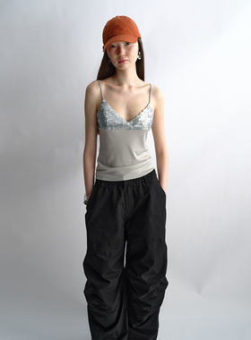 antenna effect春款上新复古v领亮片吊带上衣街头风叠搭背心