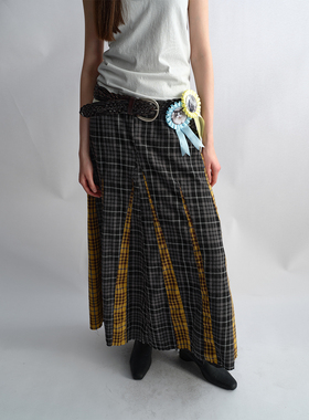 antenna effect春款上新复古格纹拼接半身裙摇滚风撞色毛边长裙