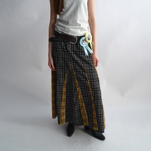 antenna effect春款上新复古格纹拼接半身裙摇滚风撞色毛边长裙