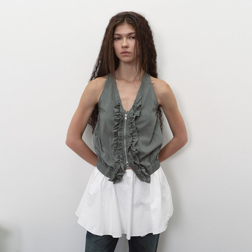 antenna effect 复古夏季立体褶皱木耳花边拉链马甲