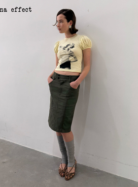 antenna effect 复古氛围感圆领人像印花泡泡袖短款修身纯棉T恤