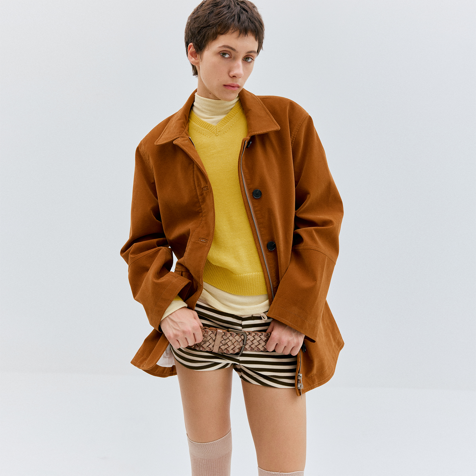 antenna effect复古仿麂皮绒橘棕色老钱风西装休闲宽松嬉皮风夹克