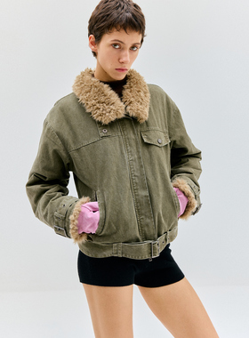 复古毛领毛袖口水洗做旧绿色夹克短款腰带外套