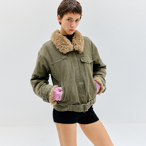 复古毛领毛袖口水洗做旧绿色夹克短款腰带外套