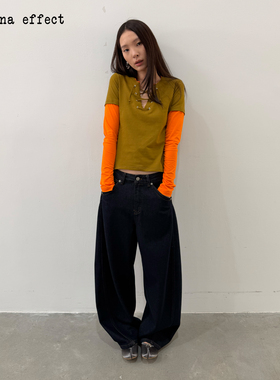 antenna effect 复古美式V领绑带假两件修身撞色长袖T恤打底衫