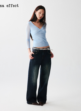 antenna effect v领拼接蕾丝边中袖复古简约修身微透网纱上衣