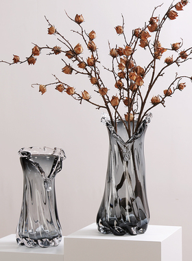 热销艺术玻璃烟灰色花瓶轻奢摆件客厅茶几电视柜可水培插花花器装