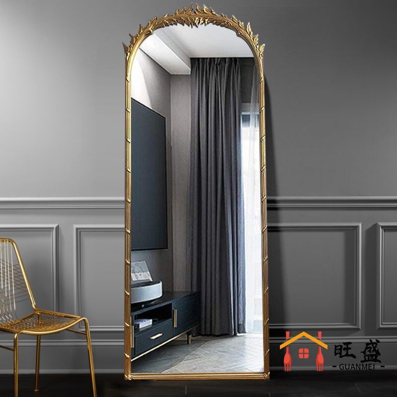 热销欧式复古穿衣镜壁挂法式拱形雕花入户玄关卧室客厅梳妆试衣全