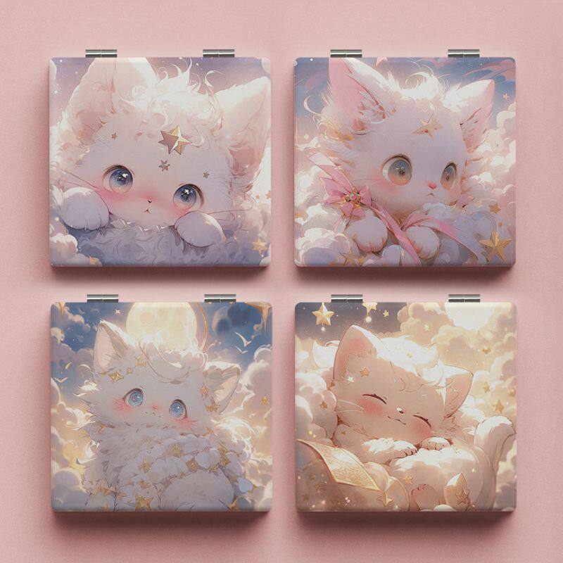 可爱猫咪双面化妆小镜子随身女学生口袋梳妆可折叠便携迷你补妆镜