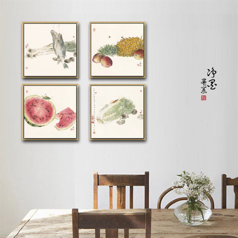 热销国画现代简约新中式餐桌画厨房背景画餐厅装饰画蔬果禅意壁画