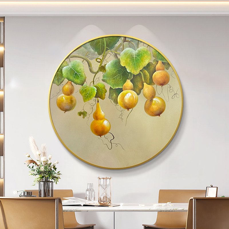 热销五福临门圆形装饰画玄关挂画葫芦美式客厅餐厅饭厅挂画手绘油