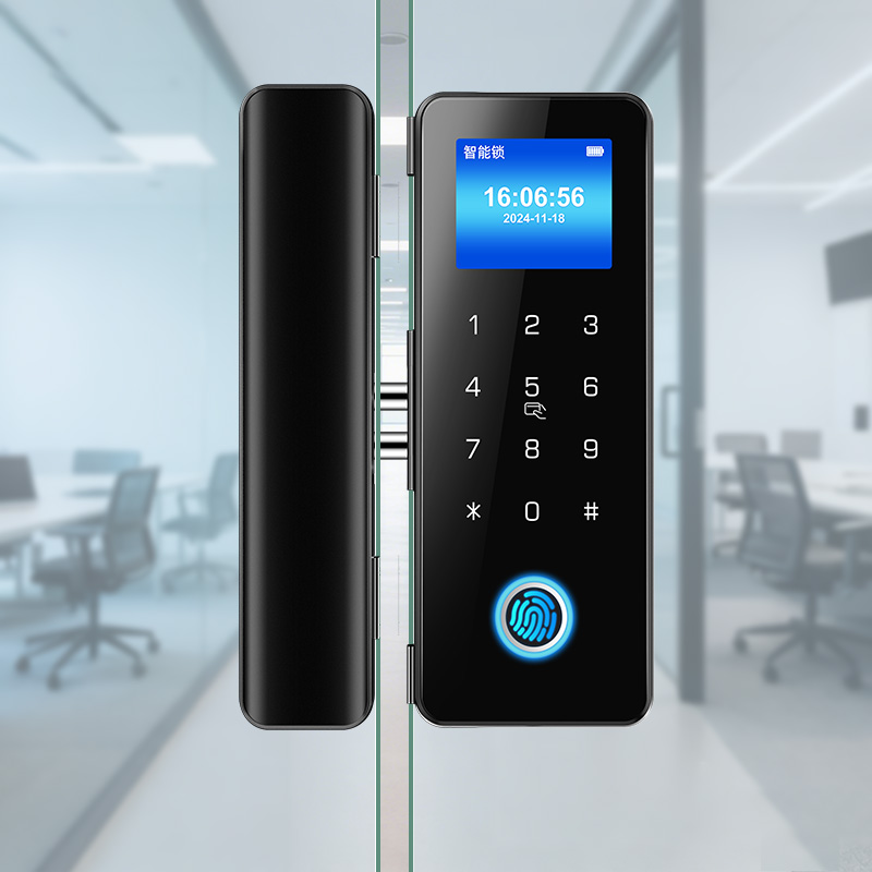 办公门玻璃门锁免开孔指纹锁密码锁商铺带考勤单双门遥控智能门锁