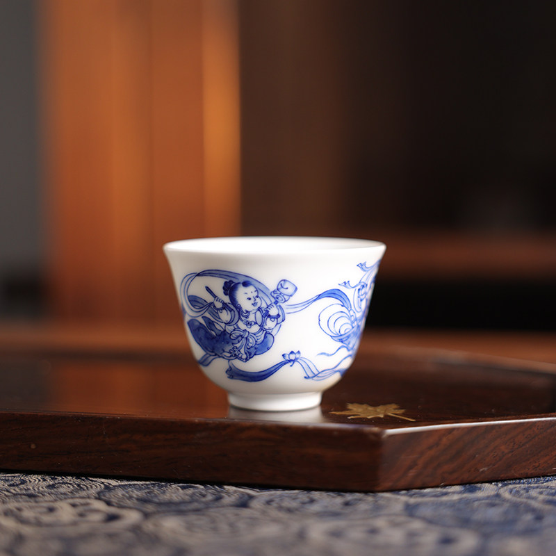 墨舍九段飞天婴戏单杯（混搭二童）纯手工茶具景德镇陶瓷名窑口