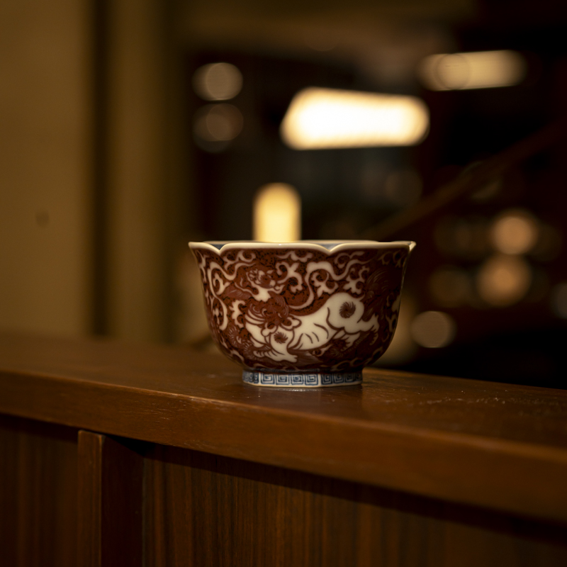 【墨舍名窑 】畅怀堂青花釉里红事事如意六方杯 cht89