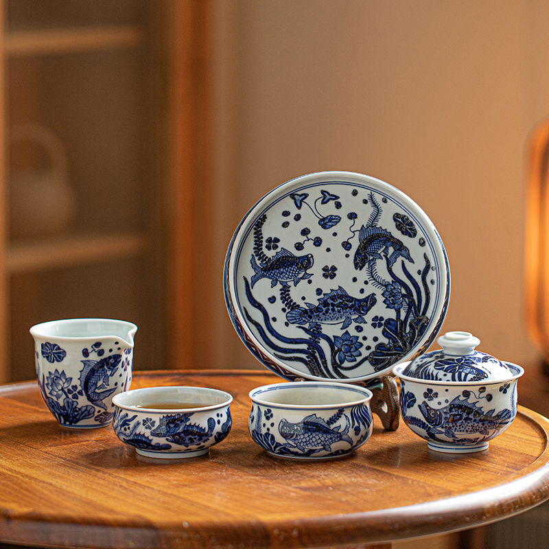 墨舍柴窑鱼藻纹套组纯手工手绘茶具盖碗壶承公道杯炉式杯主人杯