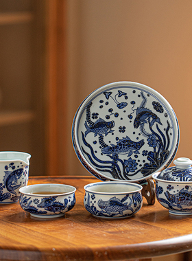 墨舍柴窑鱼藻纹套组纯手工手绘茶具盖碗壶承公道杯炉式杯主人杯