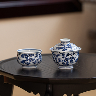 墨舍柴窑青花松竹梅茶具套组景德镇纯手工手绘盖碗炉式杯