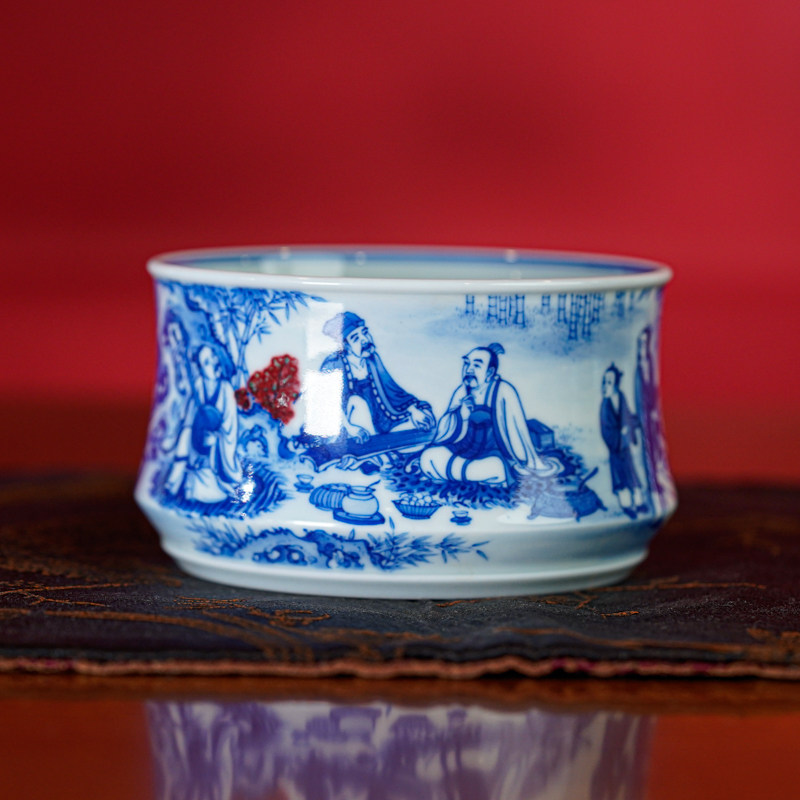 余寅窑丨青花釉里红《竹林七贤》竹节杯 景德镇陶瓷茶具 yyy8图片