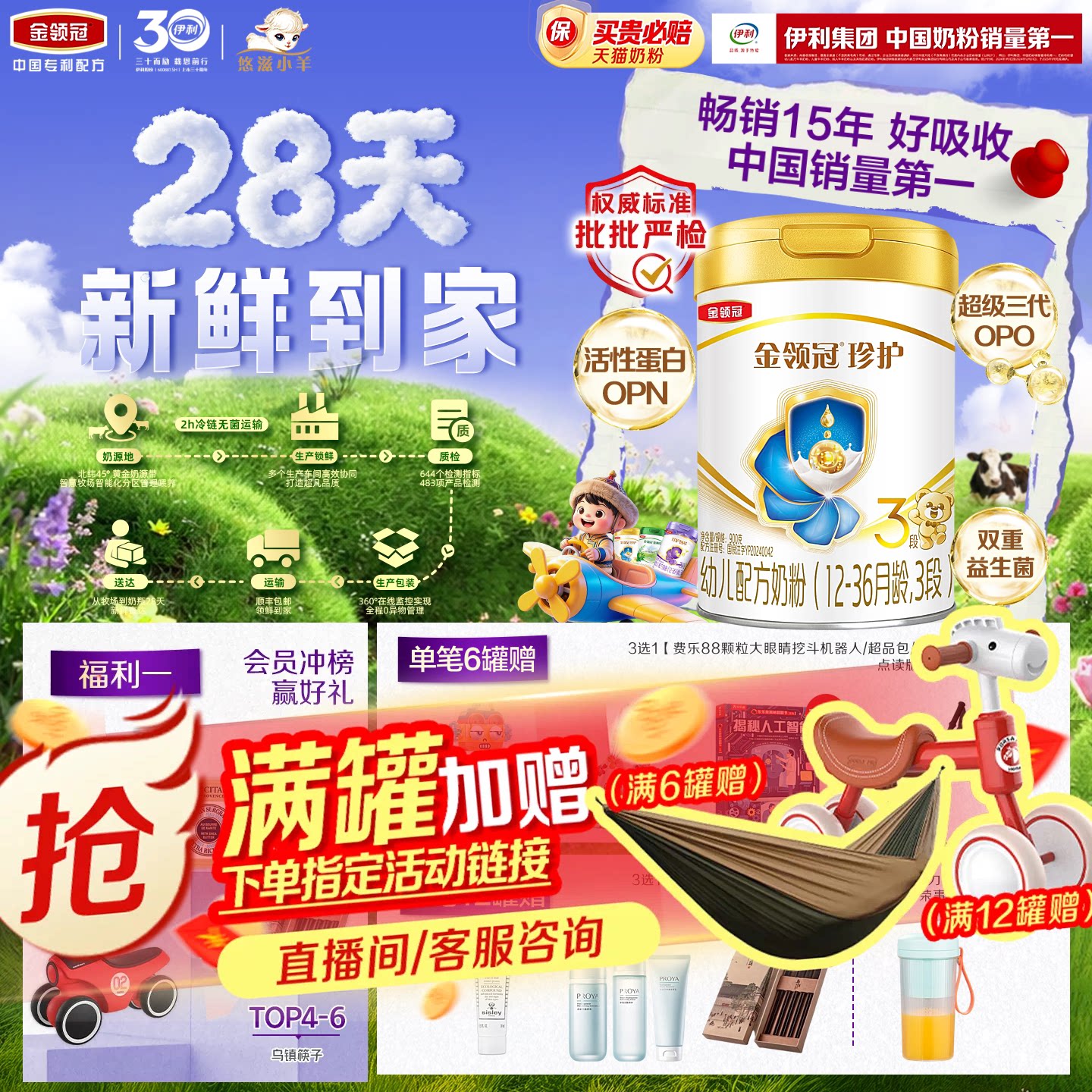 【新鲜】伊利金领冠珍护3段12-36月幼儿A2&beta;-酪蛋白牛奶粉900g*6