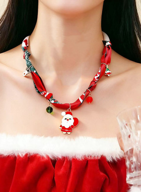 跨境时尚彩色圣诞节丝巾项链女麋鹿圣诞老人圣诞树创意百搭锁骨