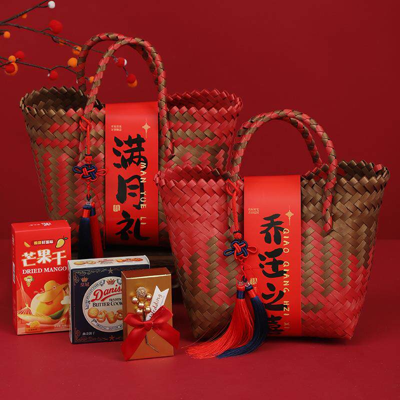 仿藤编藤手工藤条红色节日生日宴会伴手礼婚礼品袋乔迁喜事包装