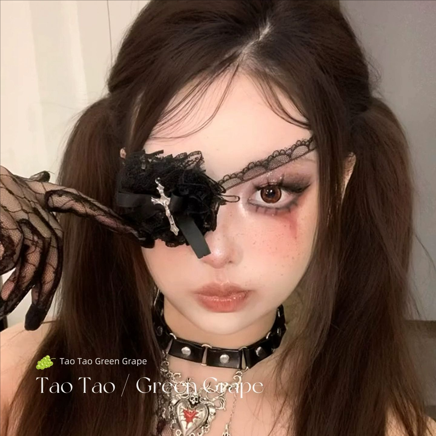 暗黑哥特风黑色蕾丝十字架单眼遮盖眼罩女万圣节cos鬼怪修女配饰