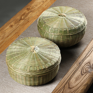 纯手工竹编带盖收纳筐家用圆形大号水果篮竹篮子馒头筐鸡蛋筐