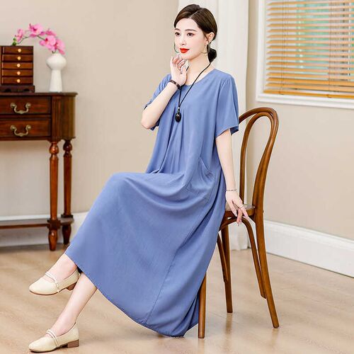 妈妈气质睡裙女夏大码中老年夏季新款纯棉绸睡衣居U家服裙子带口