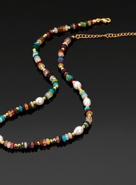 新款复古小众彩色高级感天然石串珠项链气质淡水珍珠锁骨链项饰女