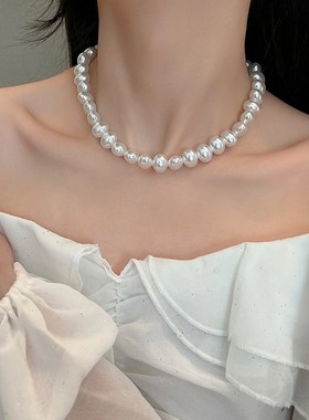 韩国轻奢小众设计感椭圆大珍珠项链新款锁骨链气质复古网红颈链女