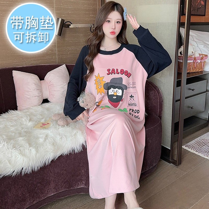 带胸垫睡裙女秋季保暖德绒卡通学生长款过膝大码Q200斤孕妇睡衣裙