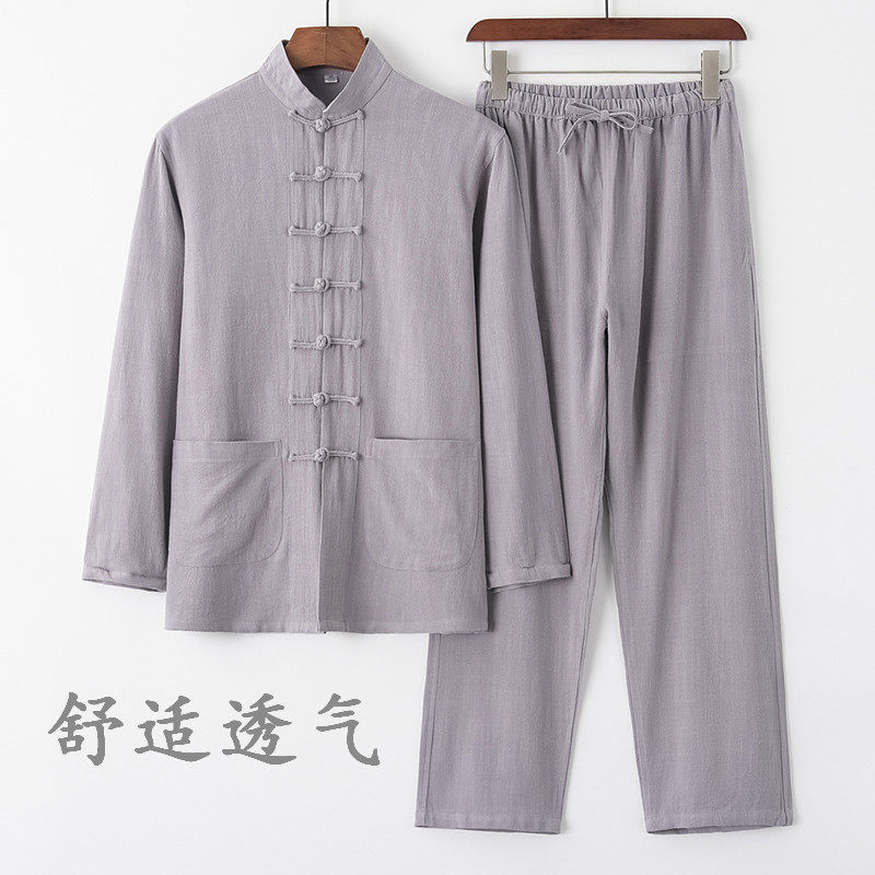 唐装男夏天长袖套装薄款棉麻男装中老年人夏装中式宽松休闲太极服