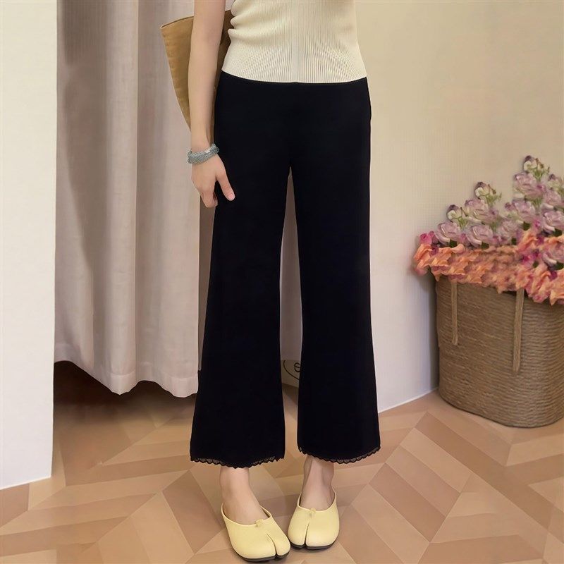 黑色冰丝微喇叭裤女夏薄款大尺码胖mm高腰显瘦弹力梨型身材阔腿休,女装/女士精品,大码裤装,淘宝优惠券,粉丝福利购,淘宝优惠卷