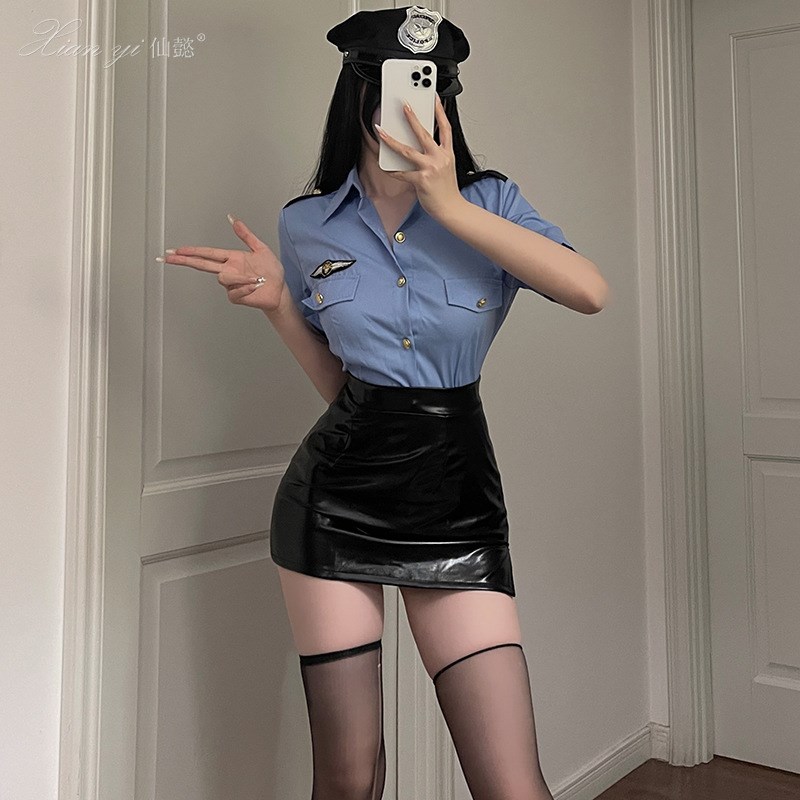 性感夜场漆皮女警cos制服套装万圣节空姐警官秘书装角色扮演衣服