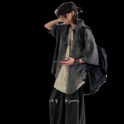 夏季日系水洗做旧短袖牛仔衬衫男女生薄款高级感工装半袖衬衣外套